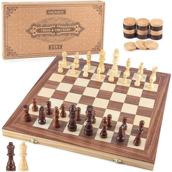 Wooden Chess & Checkers Set, Board Games -2 Extra Queens -24 Cherkers Pieces - Picture 16 of 16